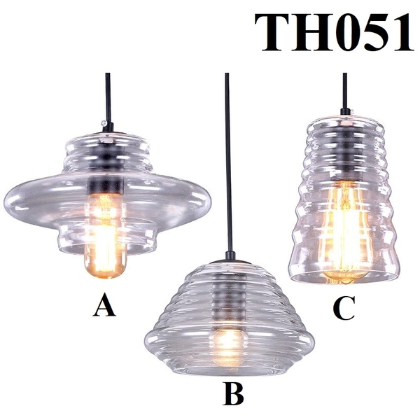Đèn thả thủy tinh đơn TH051C, trắng có gân, E27x01, KT(mm): 130x200